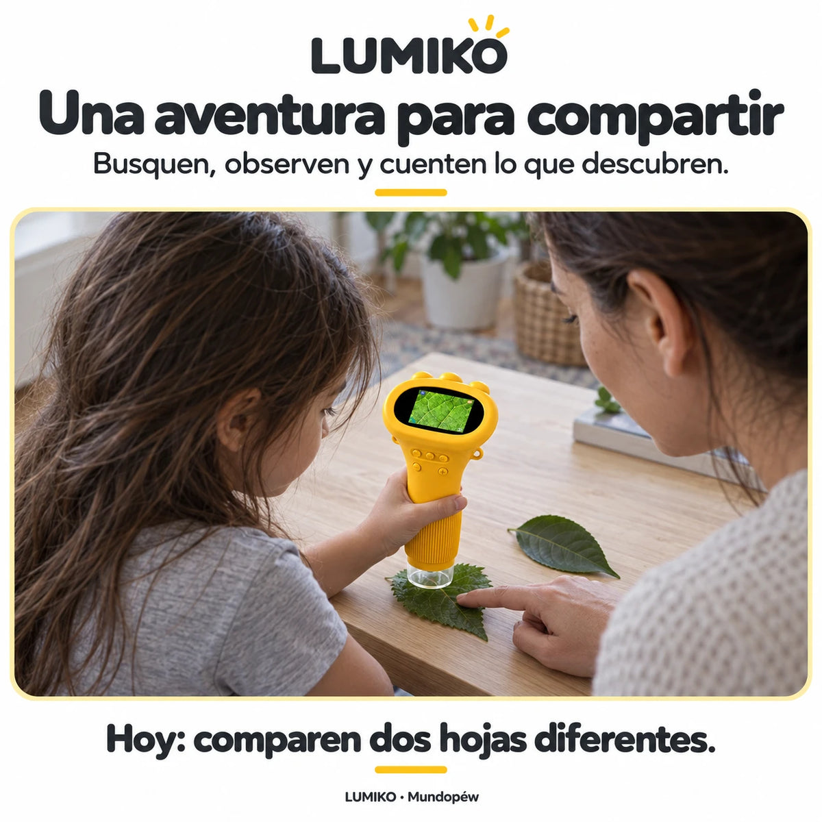 Niña y su mamá explorando una hoja con Lumiko
